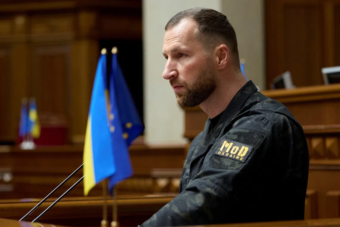 Newly appointed Ukrainian Defence Minister Yevhenii Khmara attends a session of the Ukrainian Parliament on Aug 19 in Kyiv.