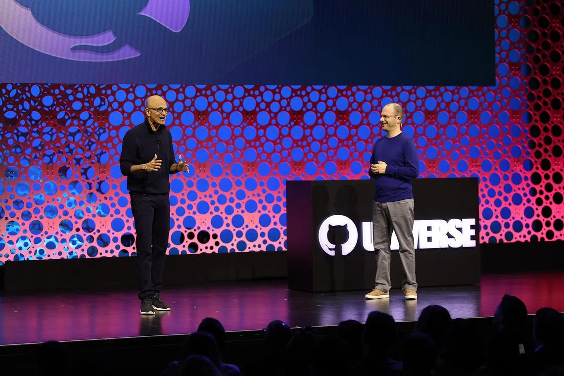 Microsoft chief executive Satya Nadella (left). drops an extra zero in his billion-user target for  GitHub chief executive Thomas Dohmke (right)  in his first appearance. at GitHub Universe.  GitHub now has over 100 million users, 




Source: GitHub