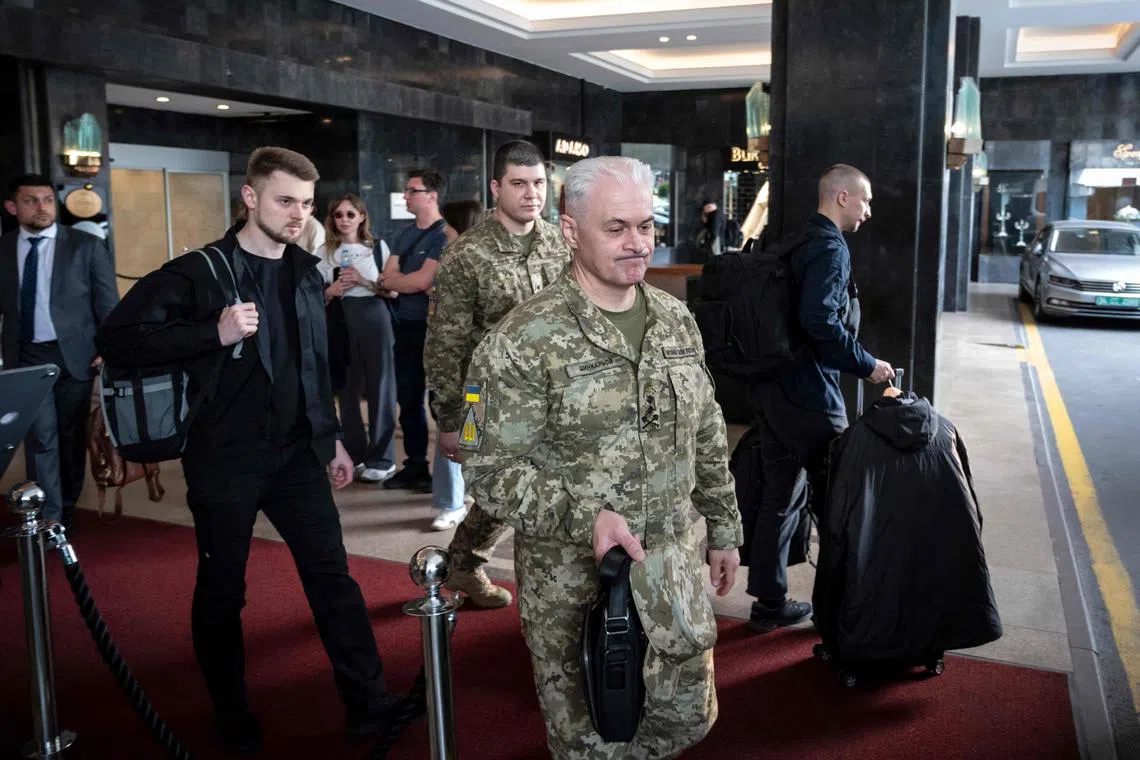 The Ukrainian delegation leaving after a meeting with Russian delegates in Istanbul on May 16.