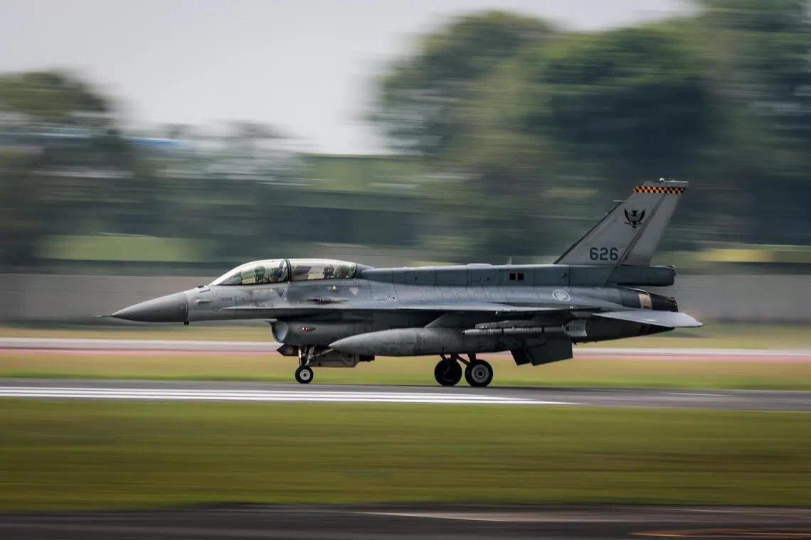 An F-16 fighter jet from the Republic of Singapore Air Force’s 145 Squadron preparing to take off from Tengah Air Base on June 24. The squadron was named Best Fighter Squadron for the fifth time, having last won the title in 2014.