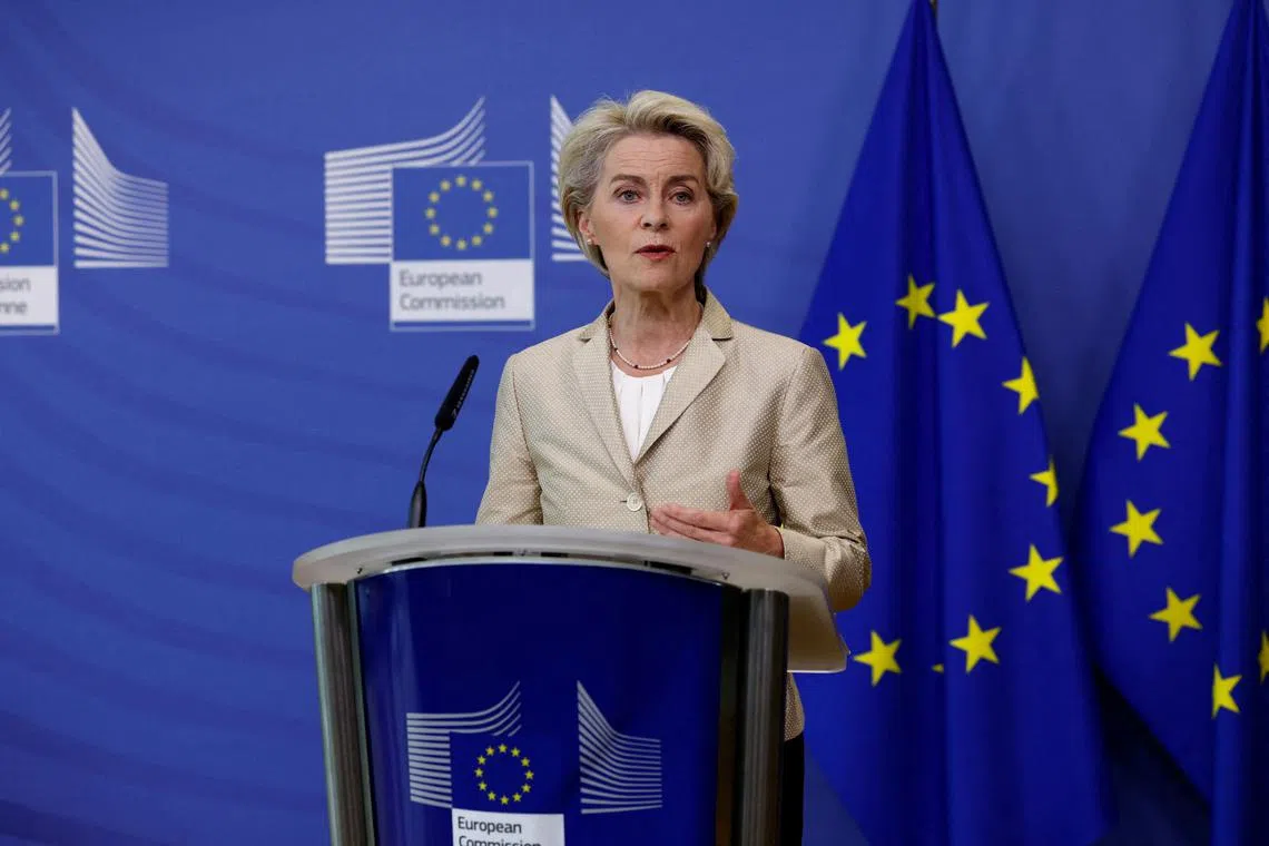 European Commission President Ursula von der Leyen addresses the media on the Ukraine crisis, in Brussels, Belgium, September 28, 2022. REUTERS/Yves Herman/ File Photo