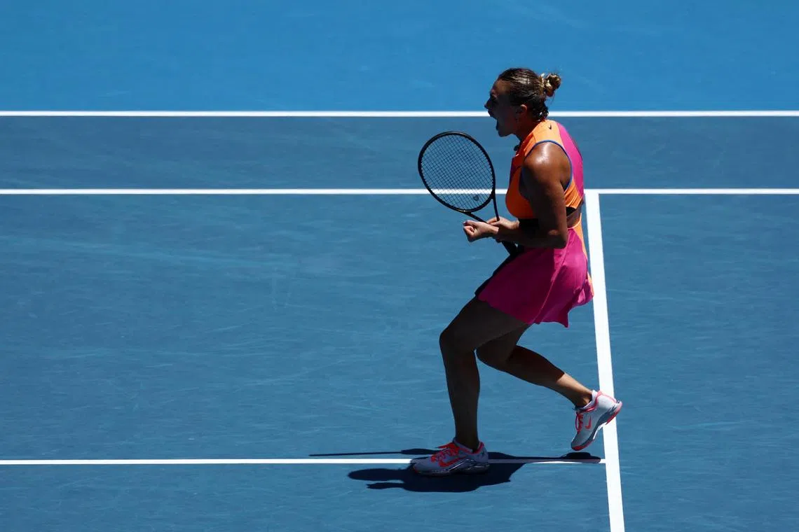 Tennis - Australian Open - Melbourne Park, Melbourne, Australia - January 25, 2026 Belarus' Aryna Sabalenka reacts during her fourth round match against Canada's Victoria Mboko REUTERS/Tingshu Wang