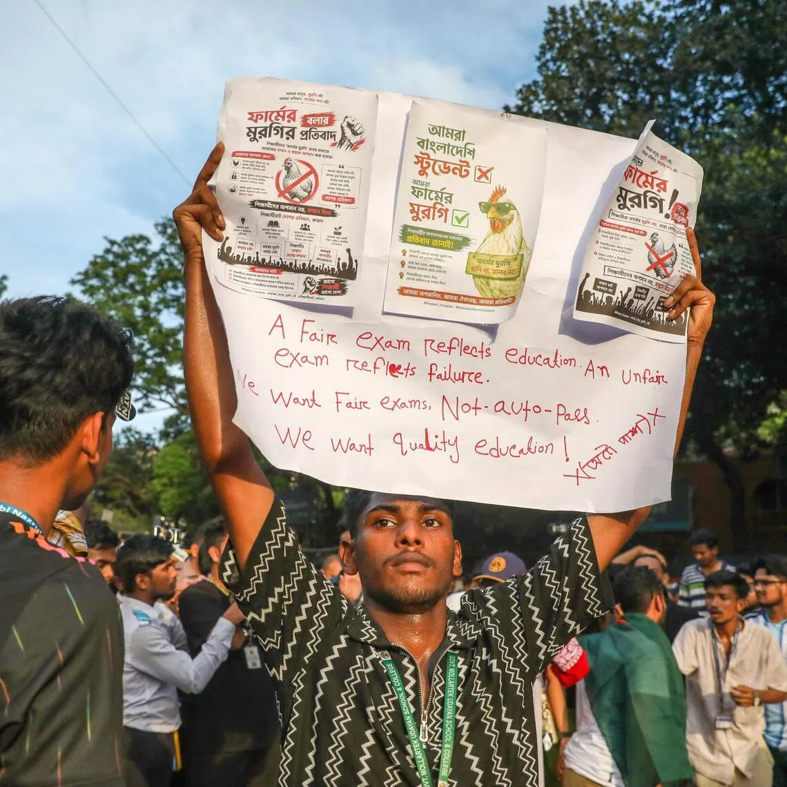 A student holds a placard during a demonstration in front of the Bangladesh Secretariat office in Dhaka, Bangladesh, on July 15.