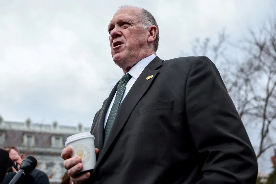 FILE PHOTO: White House border czar Tom Homan speaks to the media outside of the White House in Washington, D.C., U.S., November 14, 2025. REUTERS/Evelyn Hockstein/File Photo