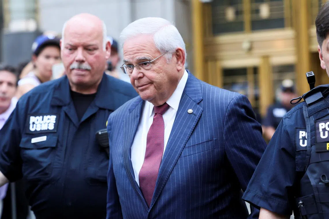 FILE PHOTO: U.S. Senator Robert Menendez (D-NJ) looks on, following his bribery trial in connection with an alleged corrupt relationship with three New Jersey businessmen, in New York City, U.S., July 16, 2024. REUTERS/Brendan McDermid/File Photo
