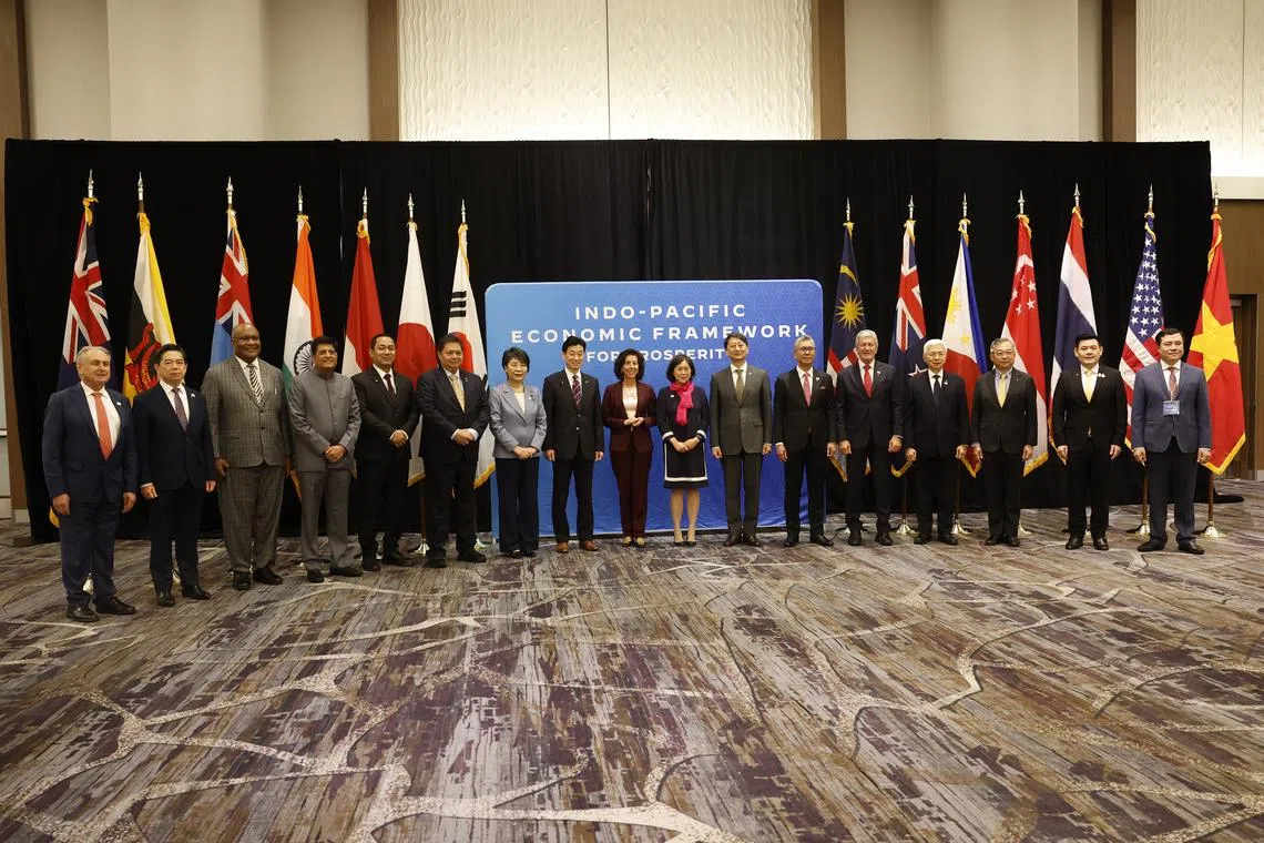 Minister for Trade and Industry Gan Kim Yong (third from right) posing with other delegates for a family photo during a ministerial meeting at the Apec summit in San Francisco on Nov 14.