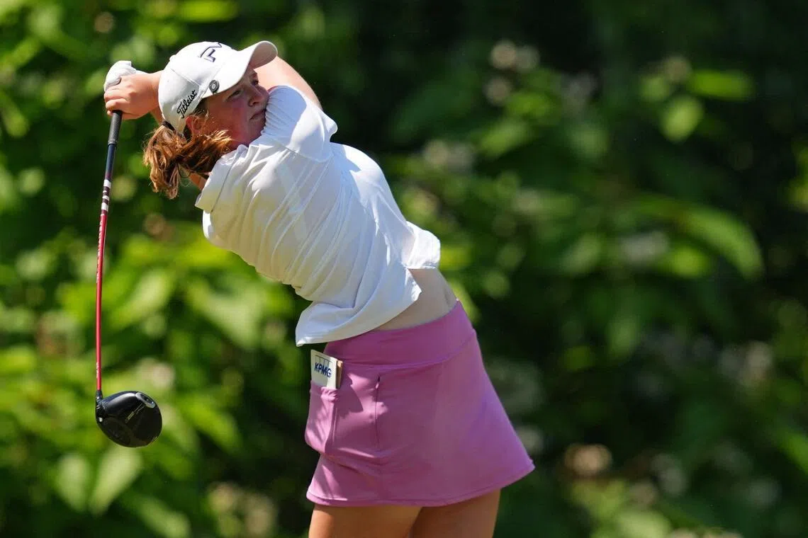 Lottie Woad plays her shot from the seventh tee during the final round of the LPGA Queen City Championship.