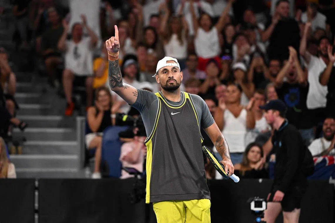 In the third set of his first-round defeat, Nick Kyrgios fought exhaustion, injury and his rival and rallied the crowd briefly. 