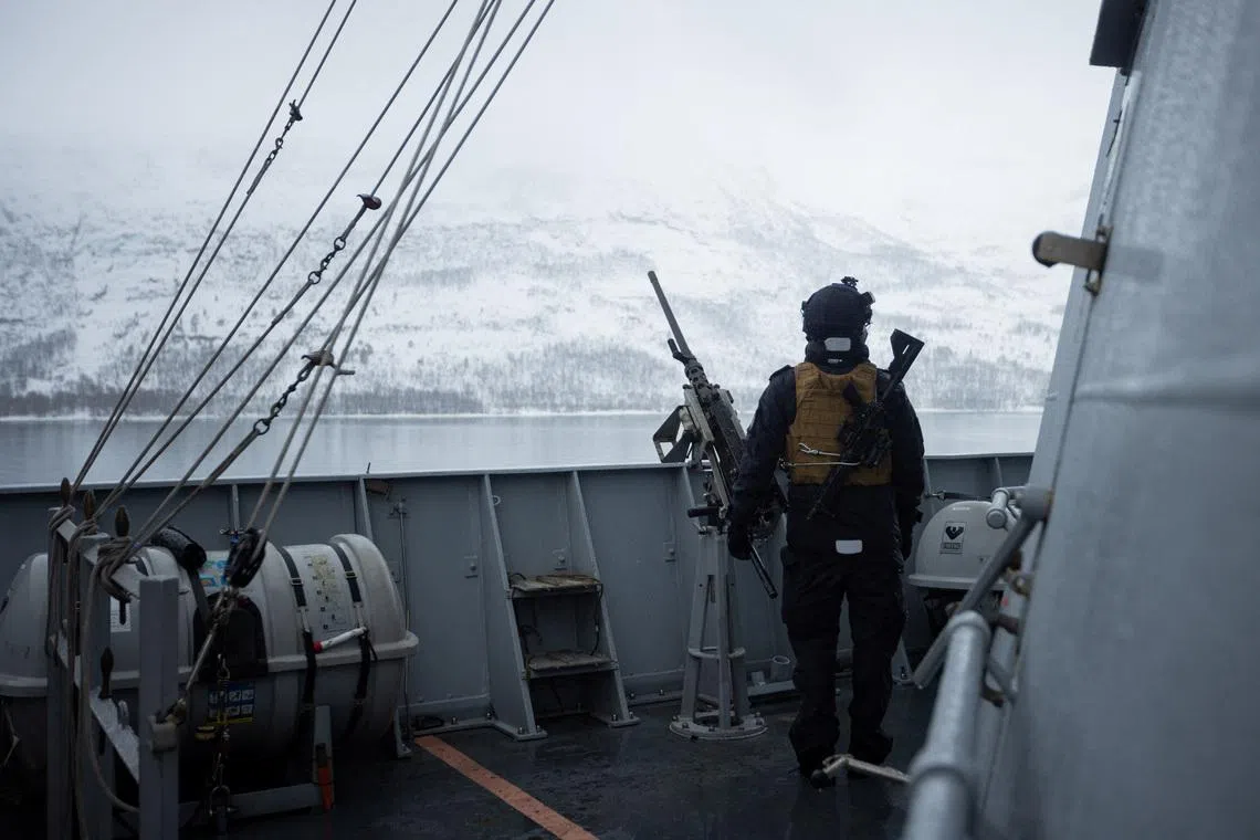 Conscripted gunner on KNM Thor Heyerdahl maintains his vessel's close defense in coastal environments off Harstad, Norway at the start of exercise Cold Response 2026 in this undated photo released by Norwegian Defense. Orjan Andreassen/Forsvaret/Handout via REUTERS.