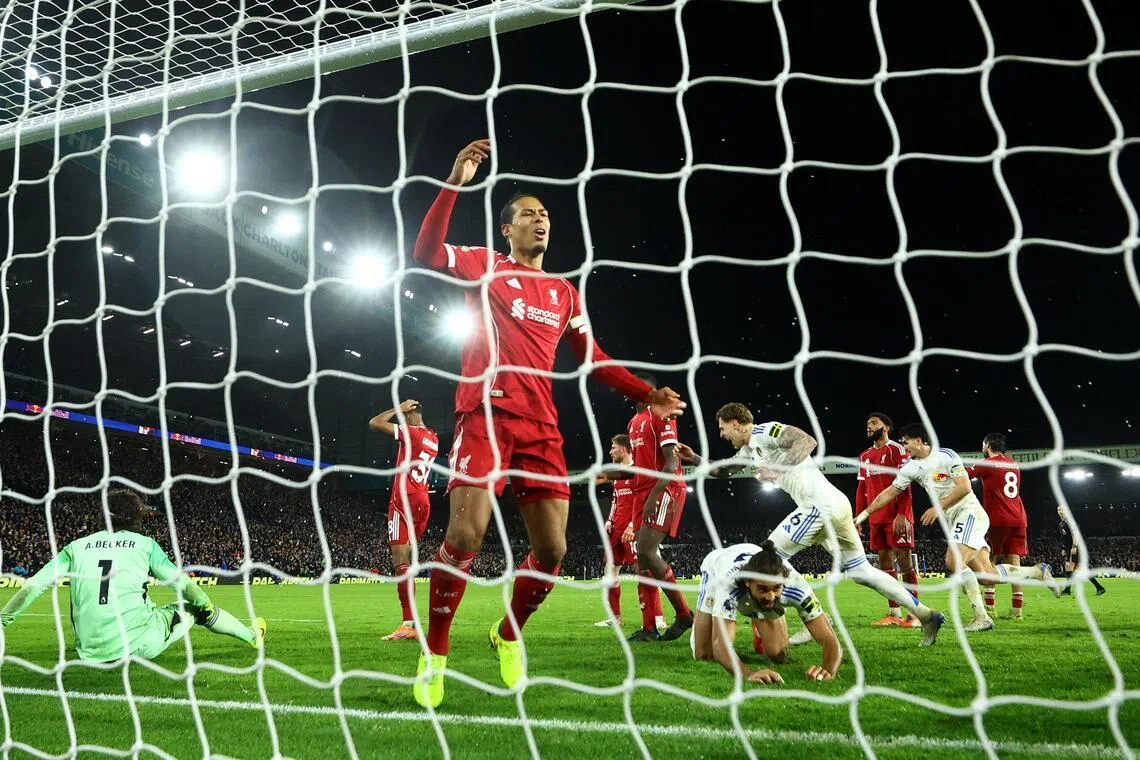 Liverpool's Virgil van Dijk reacting on Dec 6, after Leeds United's Ao Tanaka scored their third goal to equalise. 