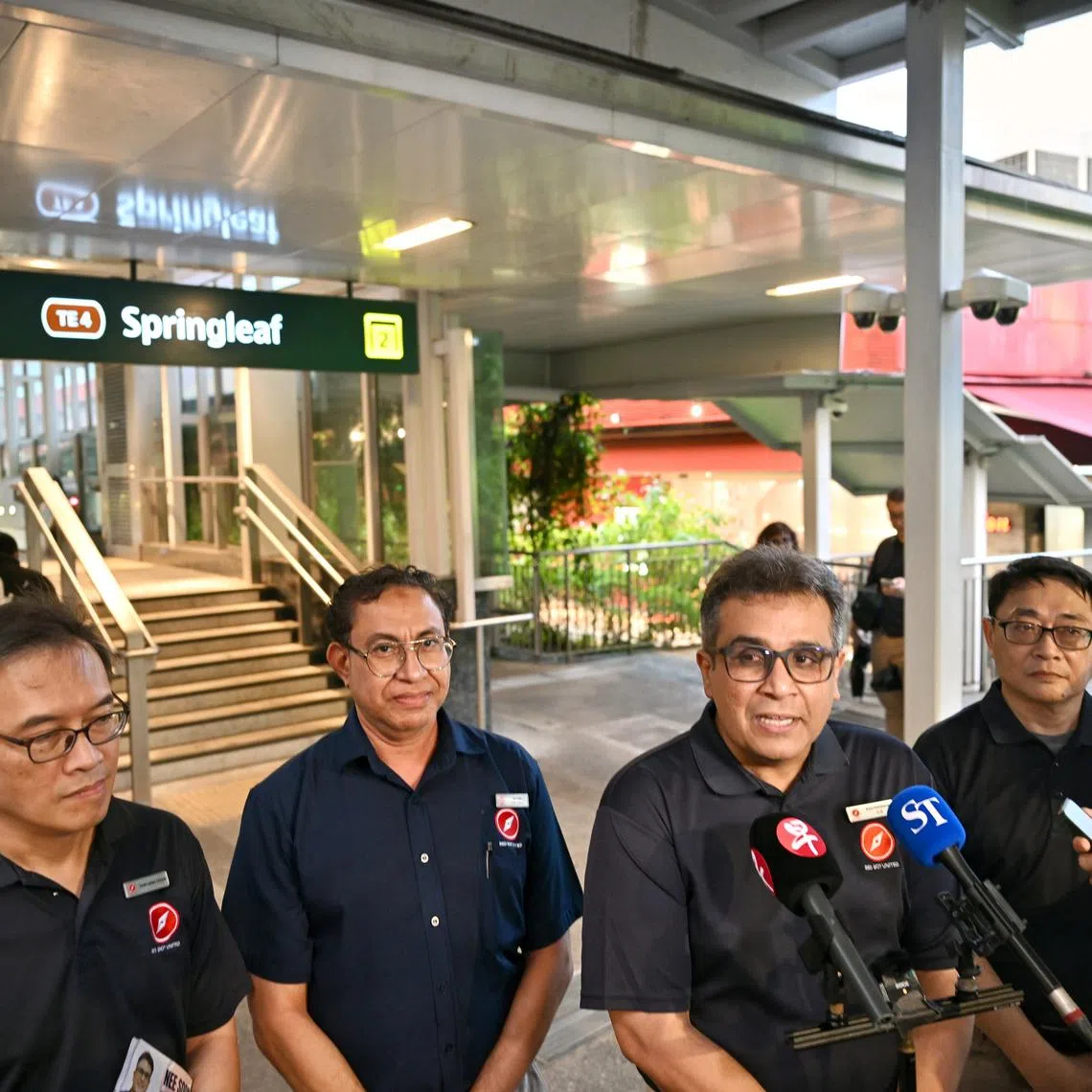 (From left)The Red Dot United Nee Soon GRC team consisting of Mr Pang Heng Chuan, Dr Syed Alwi Ahmad, Red Dot United secretary-general Ravi Philemon, Mr David Foo and Ms Sharon Lin speak to  the media before their walkabout on April 25.