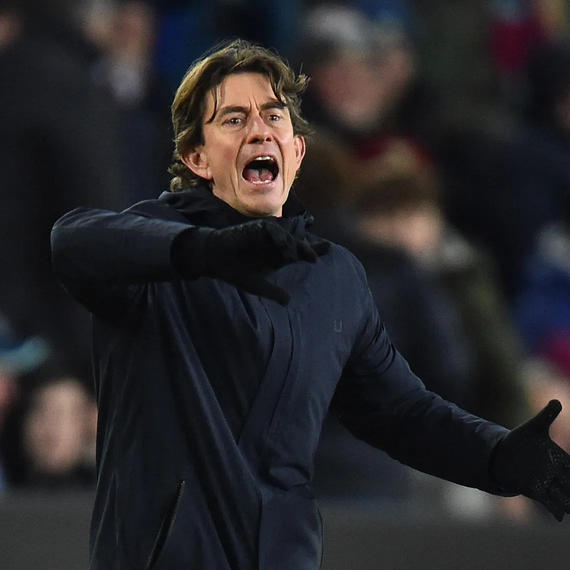 Soccer Football - Premier League - Burnley v Tottenham Hotspur - Turf Moor, Burnley, Britain - January 24, 2026 Tottenham Hotspur manager Thomas Frank reacts REUTERS/Peter Powell EDITORIAL USE ONLY. NO USE WITH UNAUTHORIZED AUDIO, VIDEO, DATA, FIXTURE LISTS, CLUB/LEAGUE LOGOS OR 'LIVE' SERVICES. ONLINE IN-MATCH USE LIMITED TO 120 IMAGES, NO VIDEO EMULATION. NO USE IN BETTING, GAMES OR SINGLE CLUB/LEAGUE/PLAYER PUBLICATIONS. PLEASE CONTACT YOUR ACCOUNT REPRESENTATIVE FOR FURTHER DETAILS..