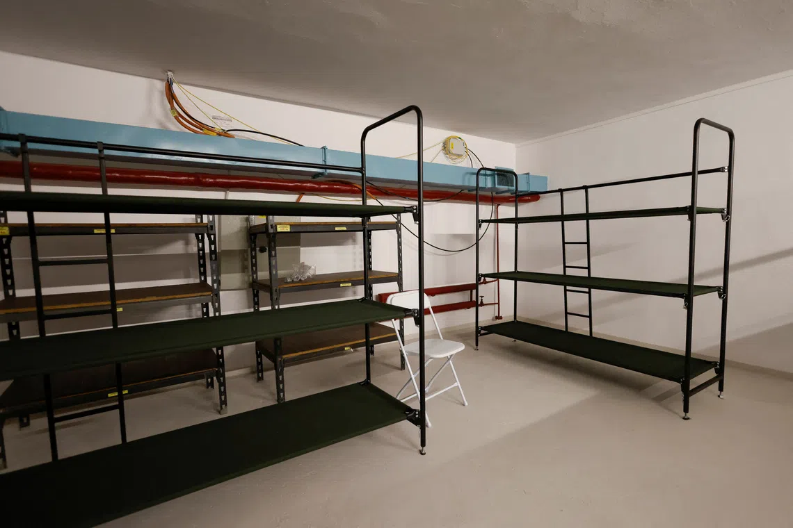 Bunk beds inside a newly renovated Cold War-era shelter in Lublin, Poland, on Sept 29.