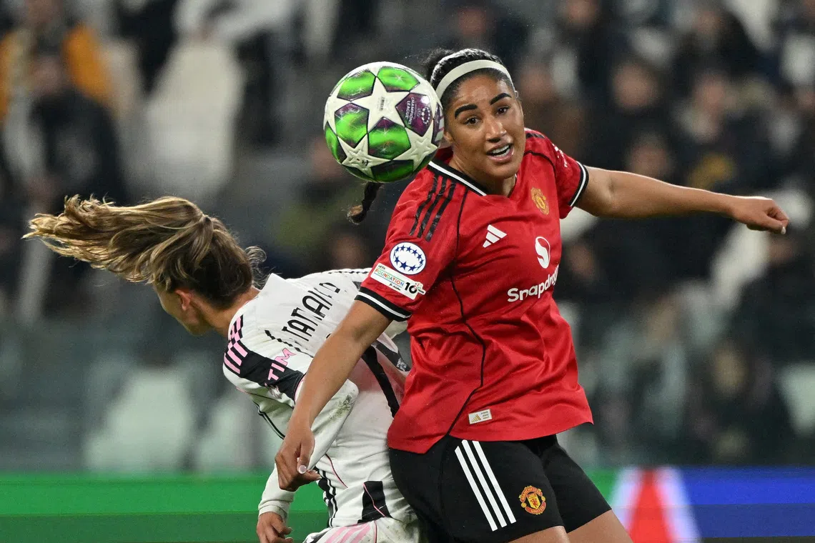 FILE PHOTO: Soccer Football - Women's Champions League - Juventus v Manchester United - Allianz Stadium, Turin, Italy - December 17, 2025 Manchester United's Gabby George in action REUTERS/Alberto Lingria/File Photo