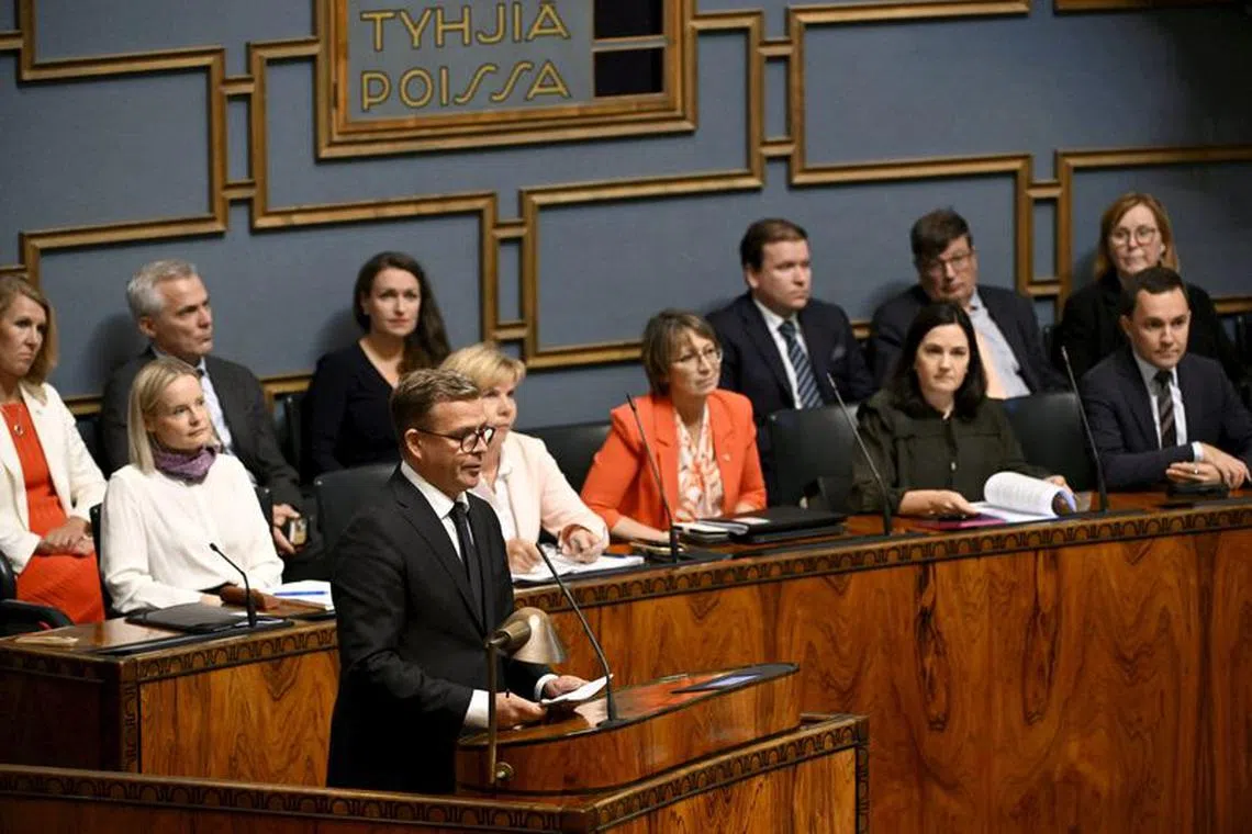 Finnish Prime Minister Petteri Orpo speaks during the session of the Finnish Parliament in Helsinki, Finland on Wednesday, 6th Sep., 2023. Finnish parliament debated of government's anti-racism policy. Lehtikuva/via REUTERS