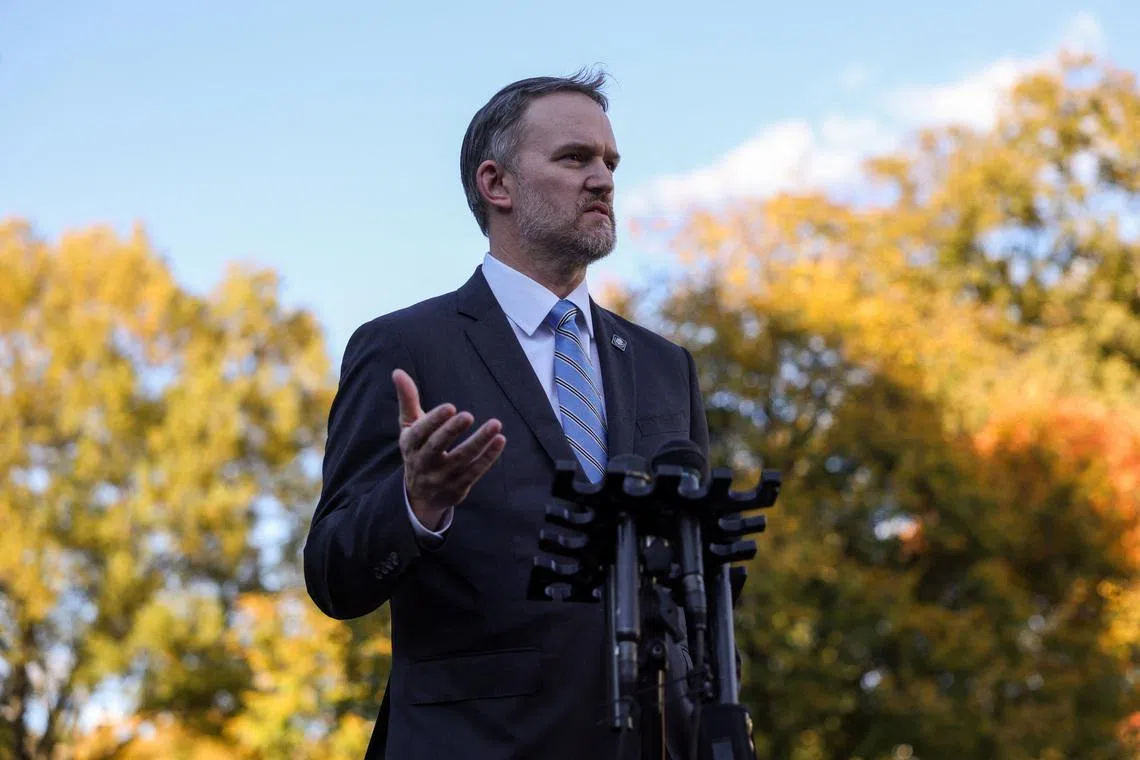 U.S. Trade Representative Jamieson Greer speaks with reporters at the White House in Washington, D.C., U.S., October 30, 2025. REUTERS/Kylie Cooper