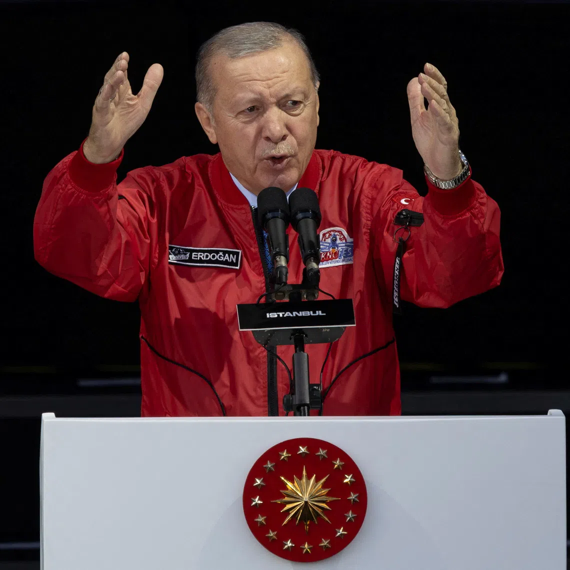 Turkish President Tayyip Erdogan delivers a speech during the Teknofest, the country's largest aerospace and technology festival, in Istanbul, Turkey, September 19, 2025. REUTERS/Umit Bektas