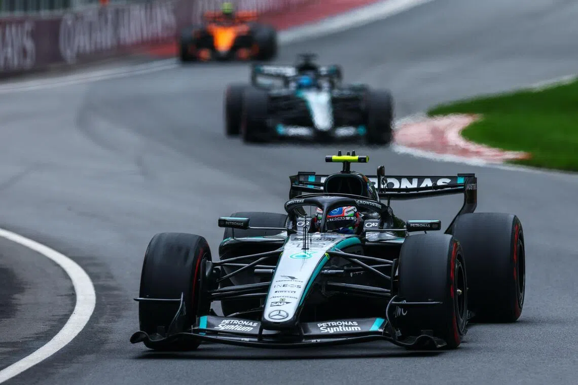 Kimi Antonelli leads Mercedes teammate George Russell during the Canadian Grand Prix at Circuit Gilles-Villeneuve on May 24.