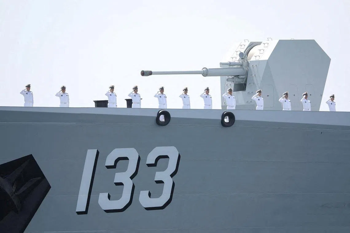 FILE PHOTO: Members of the Chinese Navy attend the joint Navy exercise of Iran, China and Russia in the Gulf of Oman, Iran, March 12, 2025. Iranian Army/WANA (West Asia News Agency)/Handout via REUTERS/File Photo