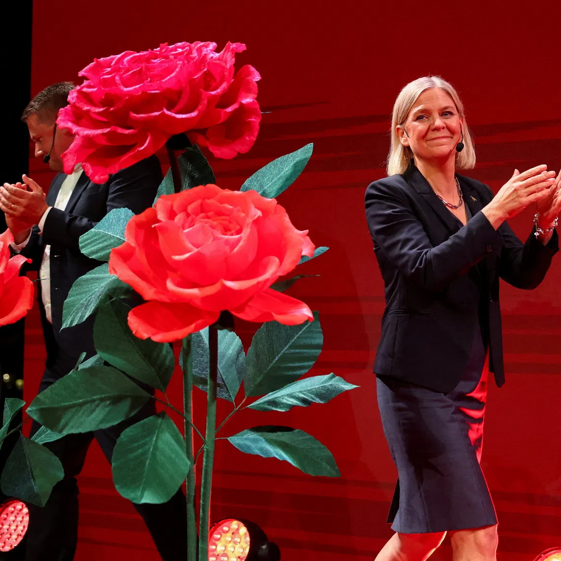 Swedish Social Democratic Party Magdalena Andersson claps on stage as the general election's voting results are released in Stockholm, Sweden, September 13, 2026. REUTERS/Denis Balibouse