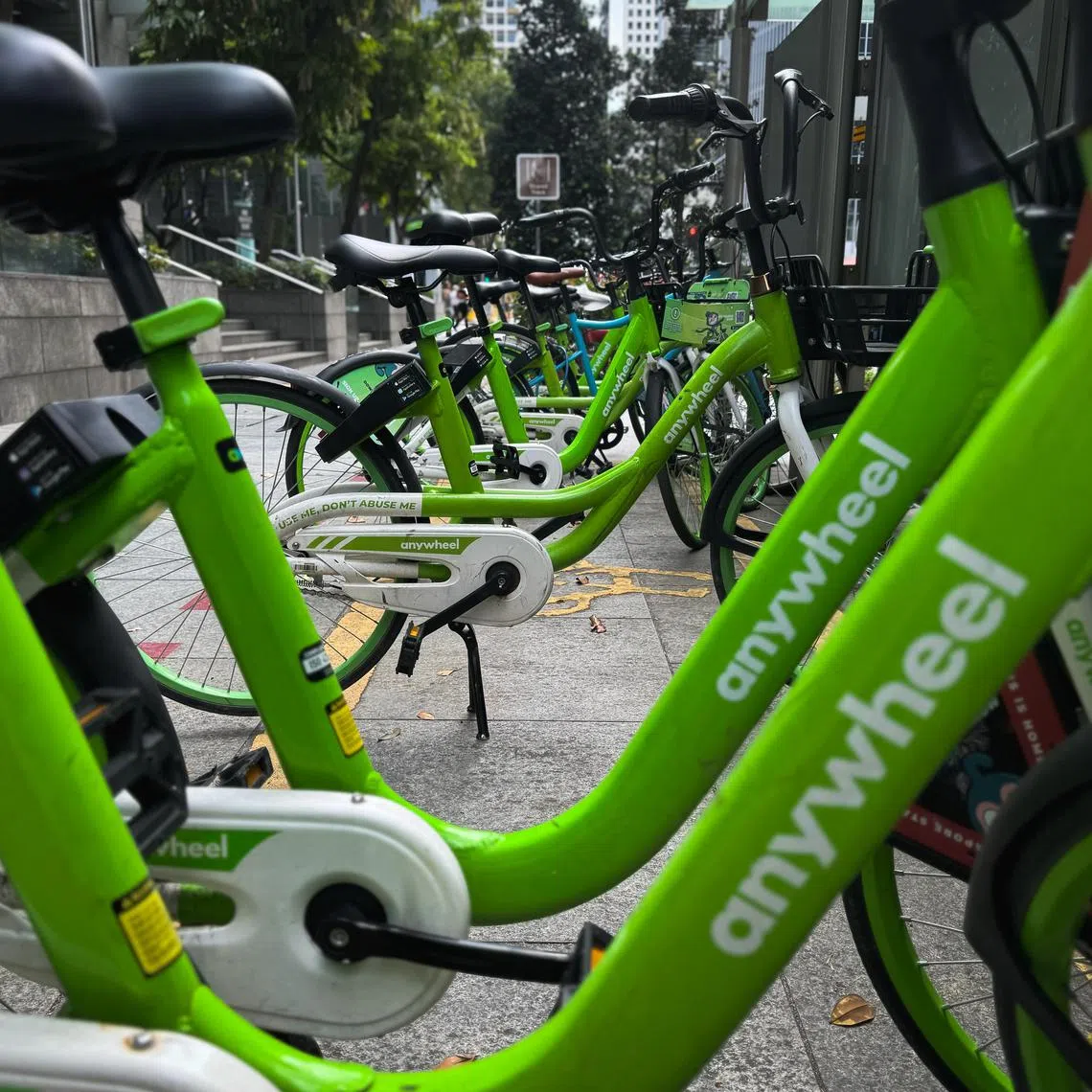 Anywheel (green) and Hello Ride (blue) bike-sharing bicycles at the Promontory at Marina Bay, March 27, 2025.