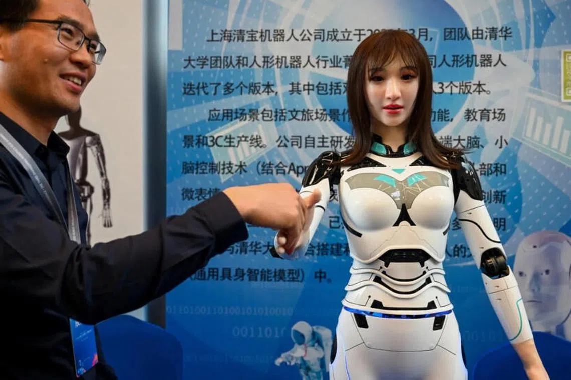 An exhibitor shakes hands with a humanoid robot at the 2024 China Humanoid Robot Developers Conference in Shanghai.