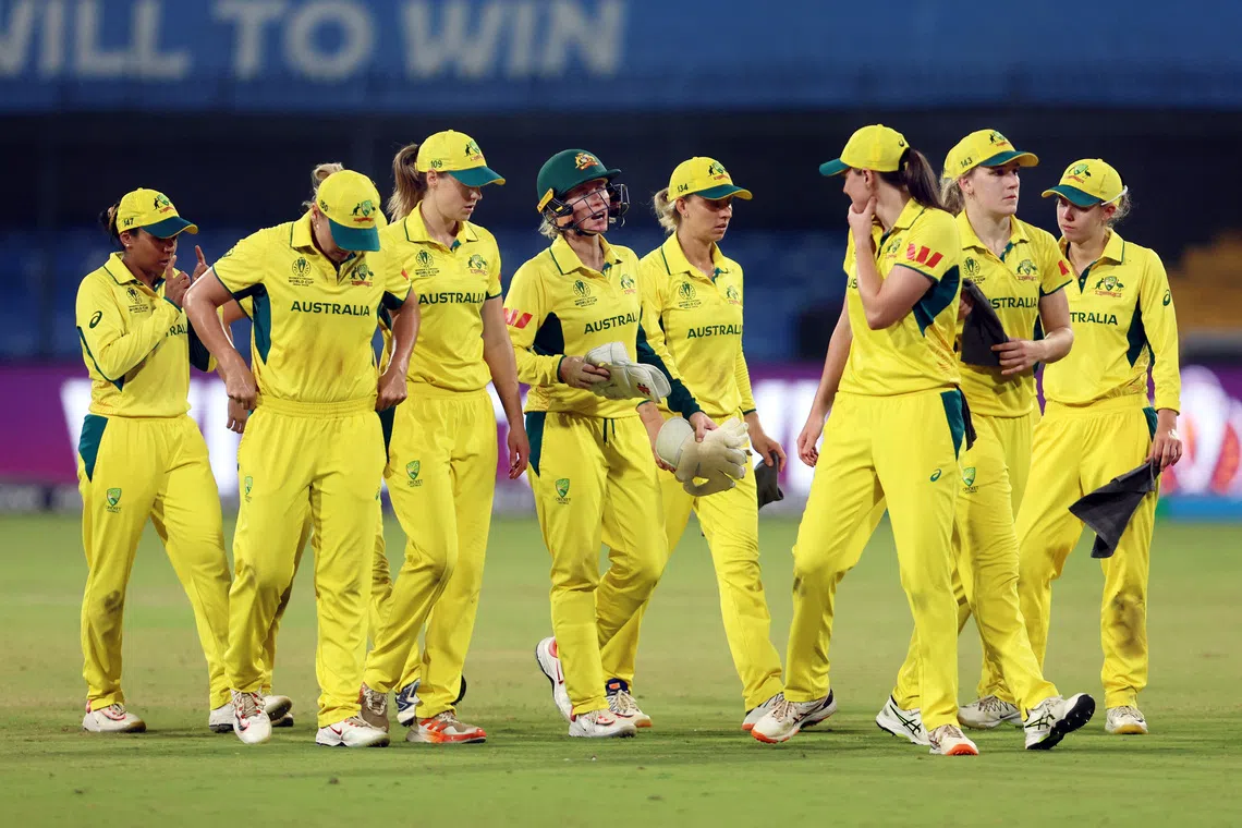 Cricket - ICC Women's World Cup - England v Australia - Holkar Cricket Stadium, Indore, India - October 22, 2025 Australia players walk off the field for lunch REUTERS/Sahiba Chawdhary