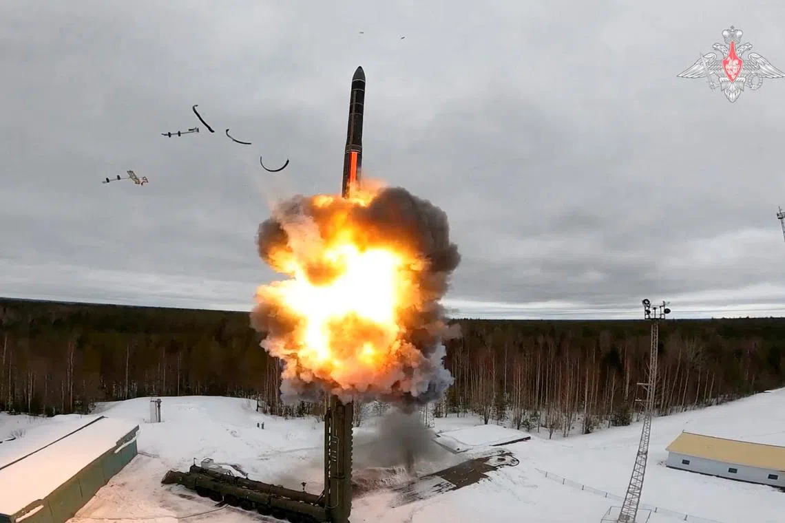 A Yars intercontinental ballistic nuclear missile is fired during a training in Russia.