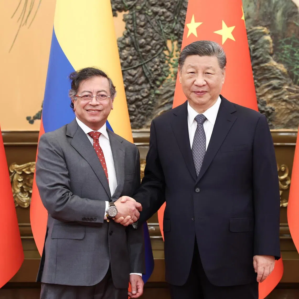 Chinese President Xi Jinping (right) meets with Colombian President Gustavo Petro at the Great Hall of the People in Beijing, China.