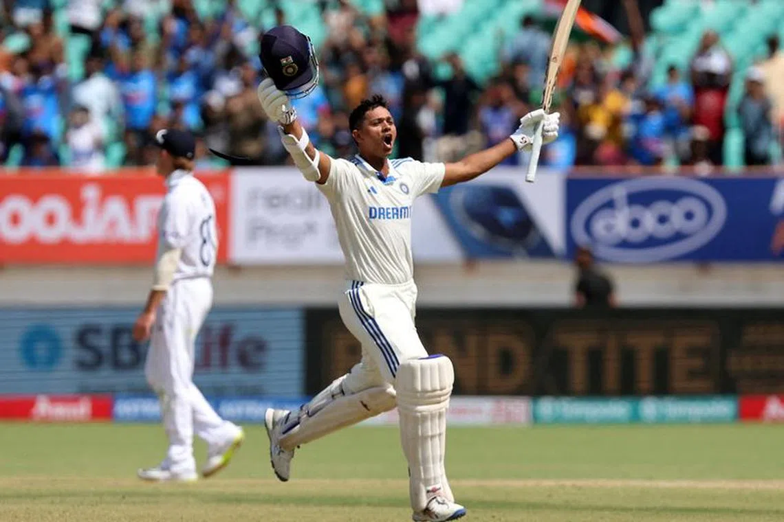 Cricket - Third Test - India v England - Niranjan Shah Stadium, Rajkot, India - February 18, 2024 India's Yashasvi Jaiswal celebrates after reaching his double century REUTERS/Amit Dave