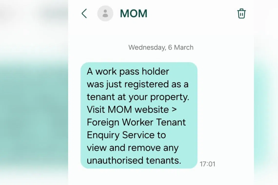 The SMS notification that Madam Lim received on March 6, that led to her discovering two migrant workers were registered to her address.