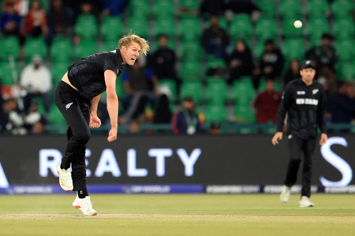 FILE PHOTO: Cricket - ICC Men's Champions Trophy - Semi Final - South Africa v New Zealand - Gaddafi Stadium, Lahore, Pakistan - March 5, 2025 New Zealand's Kyle Jamieson in action REUTERS/Akhtar Soomro/File Photo