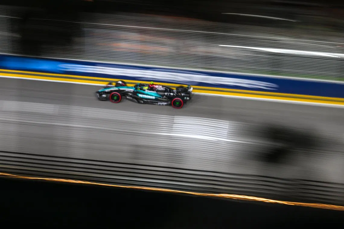 British driver Lewis Hamilton of Mercedes-AMG Petronas, qualifying session of the Formula One Singapore Airlines Singapore Grand Prix, at the Marina Bay street circuit, on Sept 21, 2024.