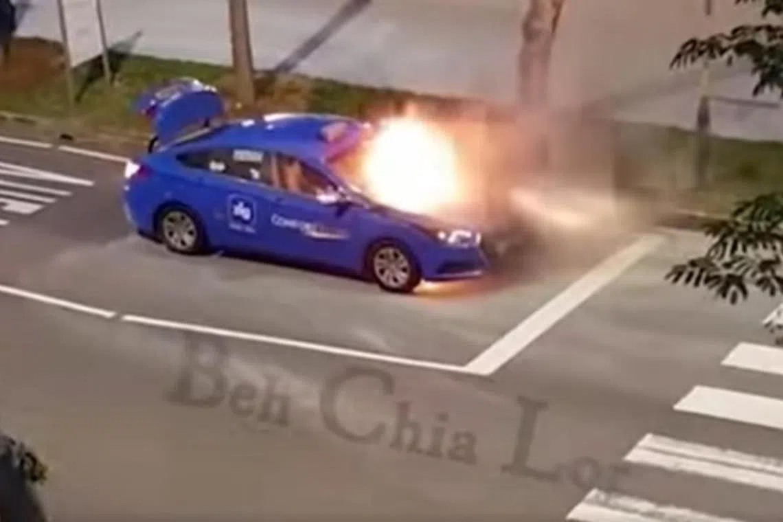 A taxi was engulfed in flames in Yishun Street 11 on Tuesday morning before the Singapore Civil Defence Force put out the fire. 