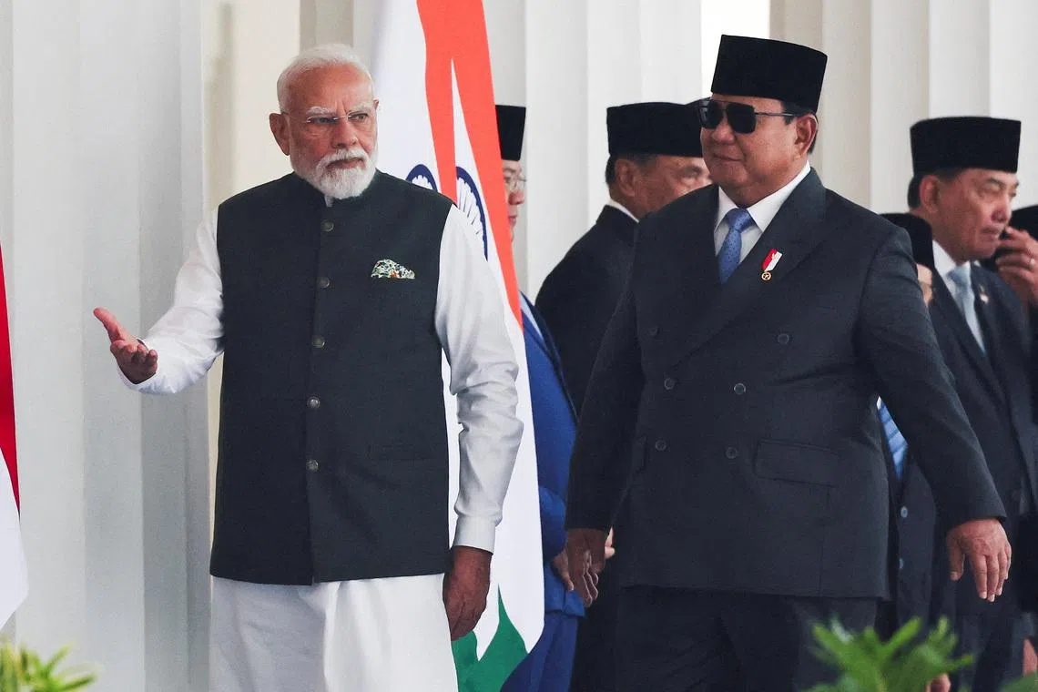 Indonesian President Prabowo Subianto and Indian Prime Minister Narendra Modi at the Merdeka Palace in Jakarta on July 7.