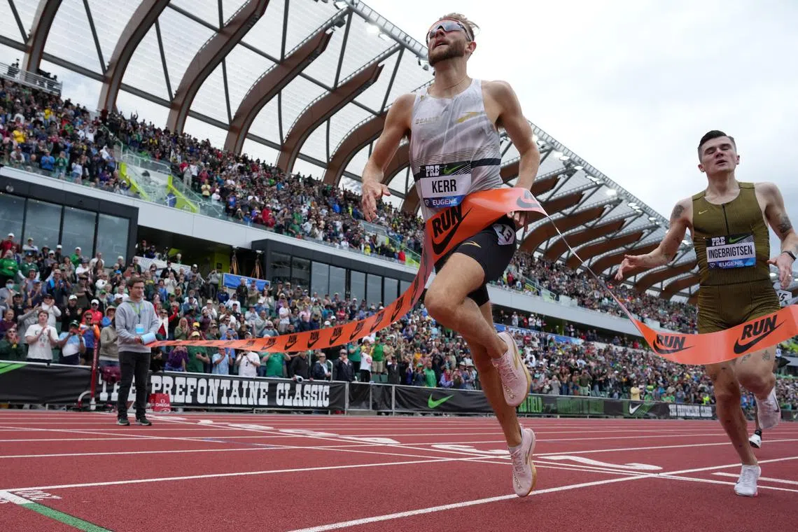 FILE PHOTO: May 25, 2024; Eugene, Oregon, USA; Josh Kerr (GBR) defeats Jakob Ingebrigtsen (NOR) to win the Bowerman Mile in 3:45.34 during the 49th Pre Classic at Hayward Field. Mandatory Credit: Kirby Lee-USA TODAY Sports/FIle Photo