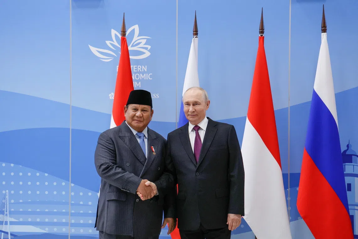 Indonesian President Prabowo Subianto and Russian President Vladimir Putin met on the sidelines of the Eastern Economic Forum on Sept 3.