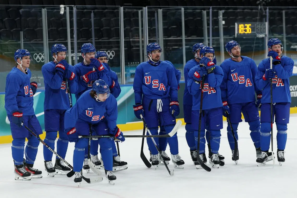 Milano Cortina 2026 Olympics - Ice Hockey - Men's - United States of America Training - Milano Santagiulia Ice Hockey Arena, Milan, Italy - February 08, 2026. Auston Matthews of United States and teammates during training REUTERS/Mike Segar