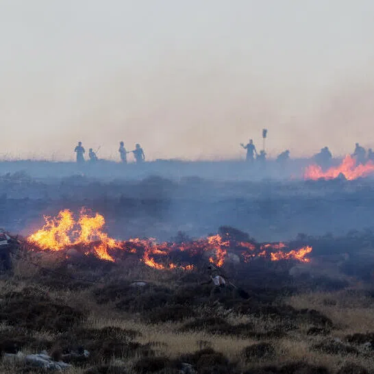 Israeli settlers putting out a fire by a settler outpost, near the Palestinian town Taybeh in the Israeli-occupied West Bank, on July 17, 2026.