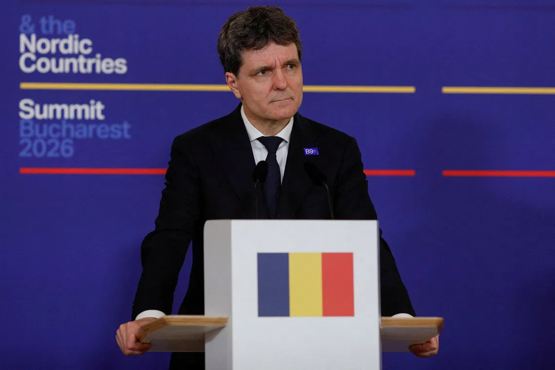 FILE PHOTO: Romanian President Nicusor Dan during a press conference at the B9 summit in Romanian capital Bucharest, May 13, 2026. Inquam Photos/Malina Norocea via REUTERS ATTENTION EDITORS - THIS IMAGE WAS PROVIDED BY A THIRD PARTY. ROMANIA OUT. NO COMMERCIAL OR EDITORIAL SALES IN ROMANIA/File Photo