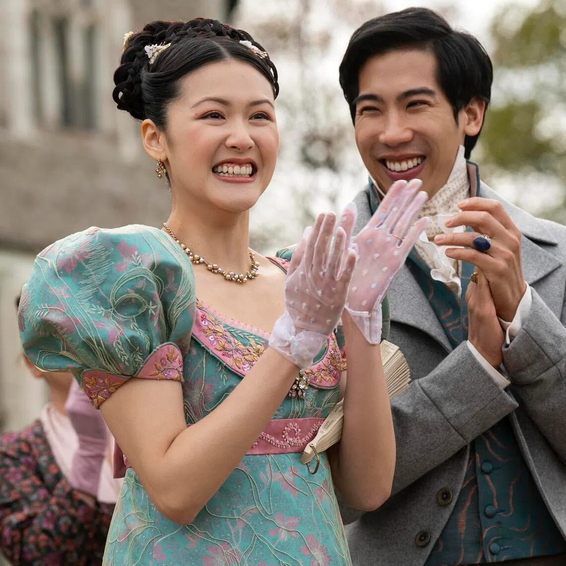 Isabella Wei (left) as Posy Li and Zheng Xi Yong as Lord Barnaby in Bridgerton Season 4
