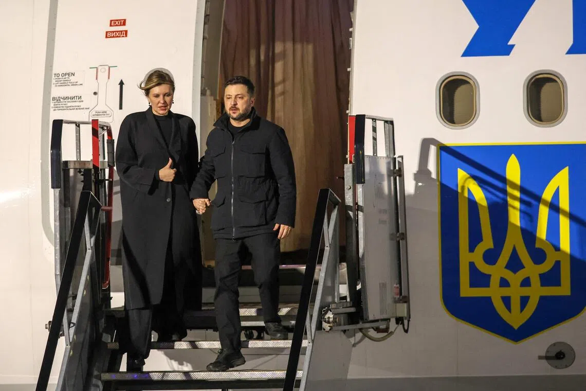 Ukrainian President Volodymyr Zelensky and First Lady Olena Zelenska arriving in Dublin, Ireland, on Dec 1.