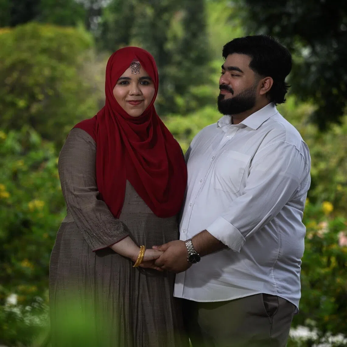 From left: PR senior associate Zakkiethunnisa Ziawdeen, 27, and aircraft technician Basheer Ahamed Mohamed Azarudeen, 32, who were matchmade by their families, photographed on March 29, 2026.