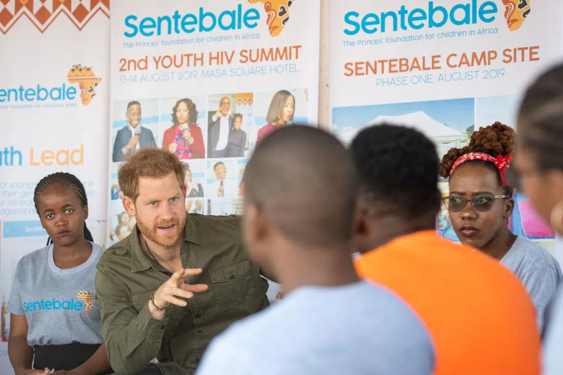 FILE PHOTO: The Duke of Sussex joins in a confidence building exercise with young people at the Kasane Health Post, run by the Sentebale charity, in Kasane, Botswana, September 26, 2019. Dominic Lipinski/Pool via REUTERS/File Photo