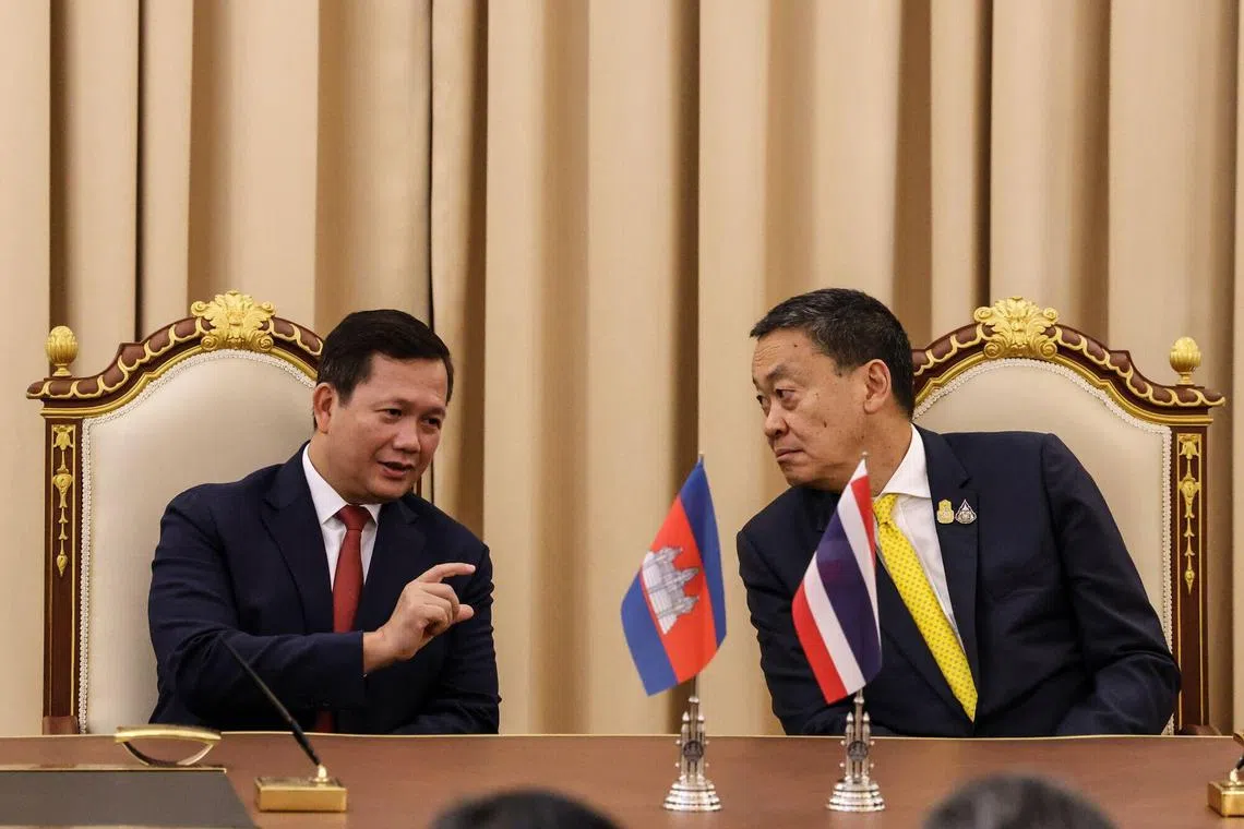 Mr Hun Manet (left) and Thai PM Srettha Thavisin speak during a ceremony to sign MOUs at the Government House in Bangkok, Thailand.
