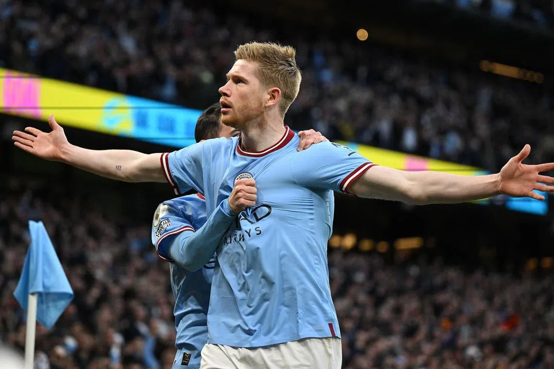 Manchester City midfielder Kevin De Bruyne celebrates scoring the first of his two goals.
