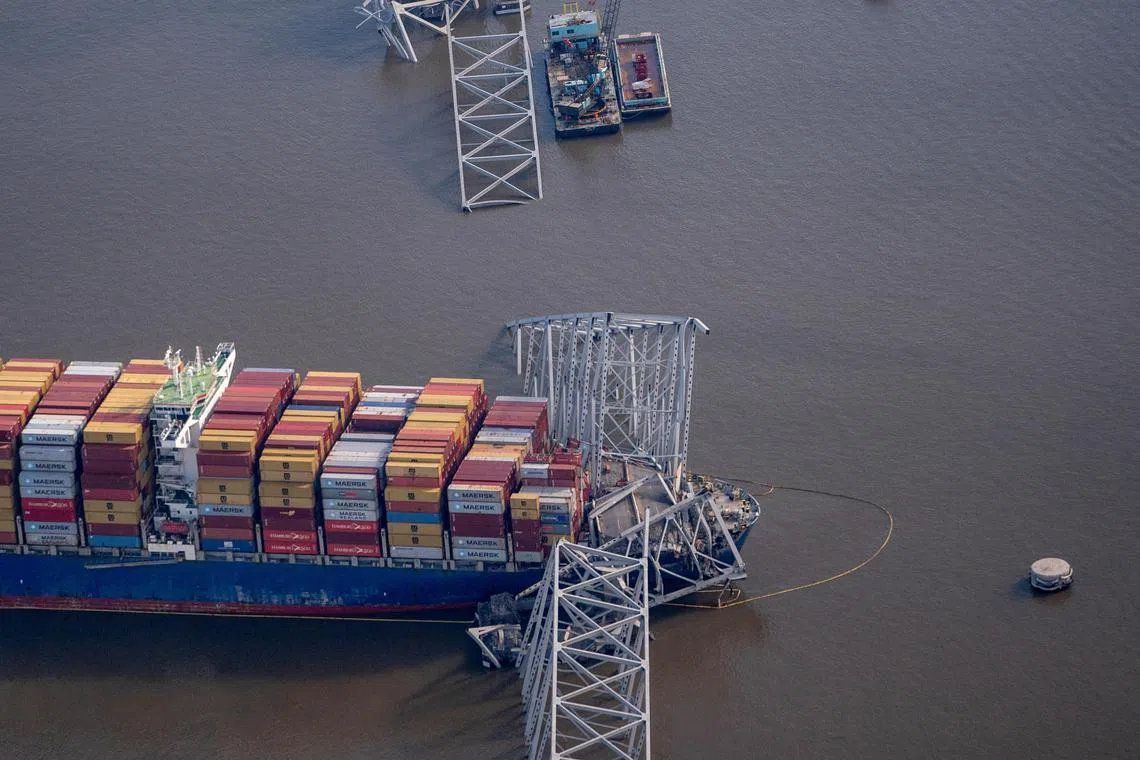 A view of the Dali cargo vessel which crashed into the Francis Scott Key Bridge in Baltimore, on April 4.
