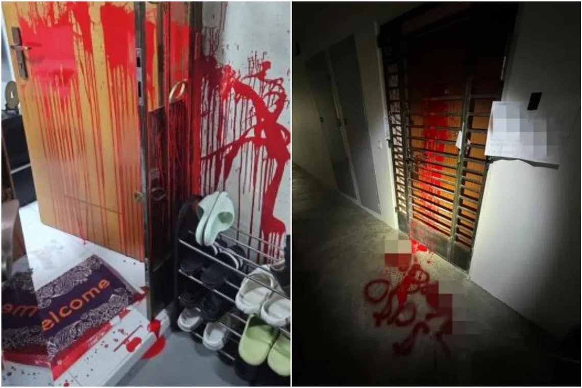 Red paint was found splashed on the residential units’ main doors and gates.