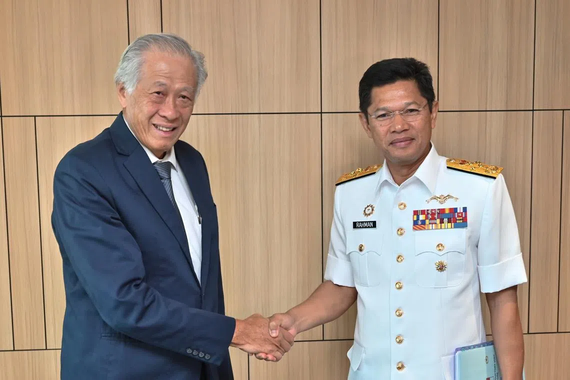 Chief of the Royal Malaysian Navy, Datuk Abdul Rahman Ayob, calling on Singapore Defence Minister Ng Eng Hen on March 7, 2023.