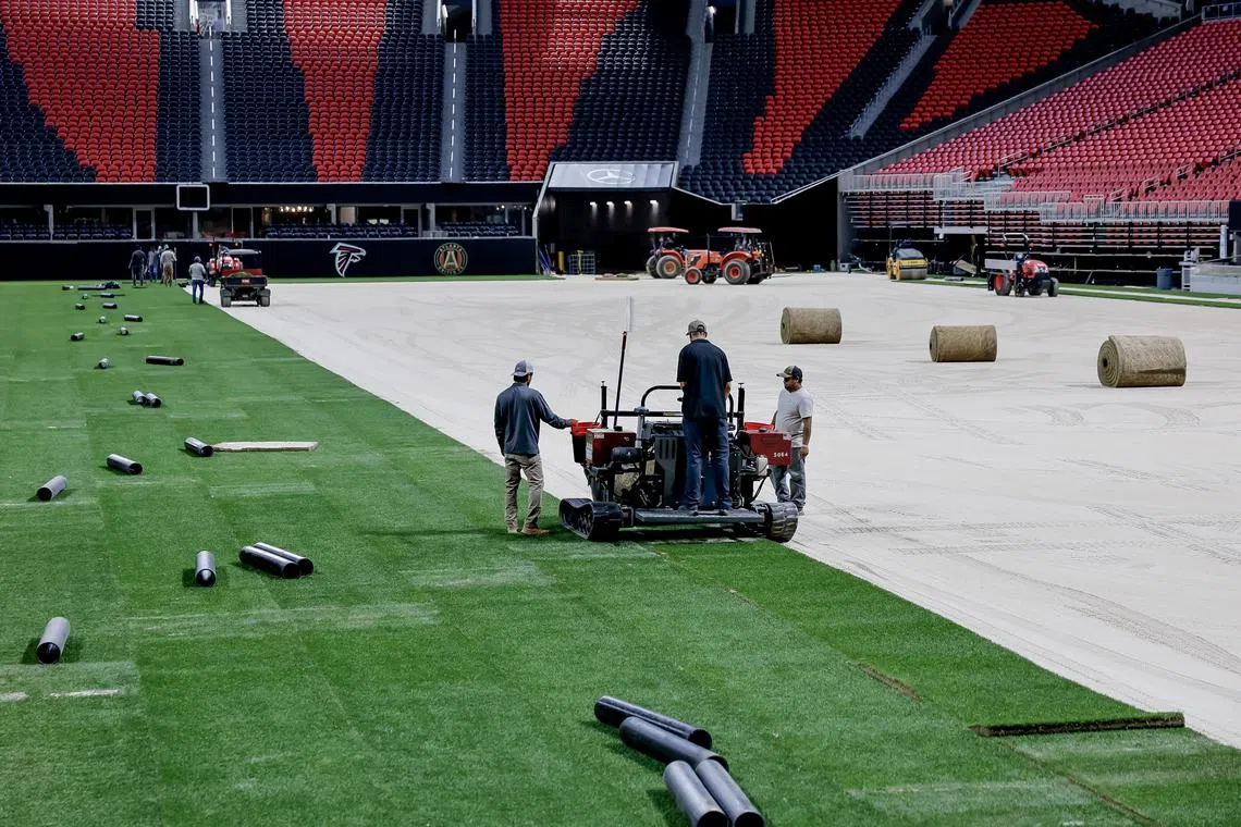 Workers install the natural grass which will serve as the pitch for the FIFA Club World Cub matches.
